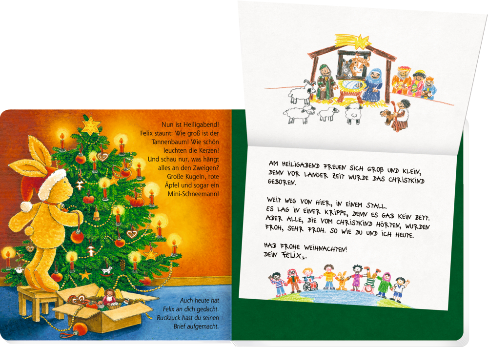 Innenansicht, auf der rechten Seite befindet sich ein Weihnachtsbrief mit gekritzeltem Text und kleinen gemalten Bildern, links befindet sich ein Hase mit einem Weihnachtsbaum mit Text.