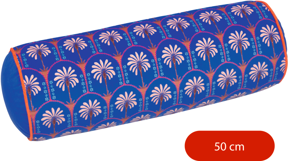 Blaue Nackenrolle mit buntem Palmenmuster und orangefarbener Kante, Länge 50 cm.