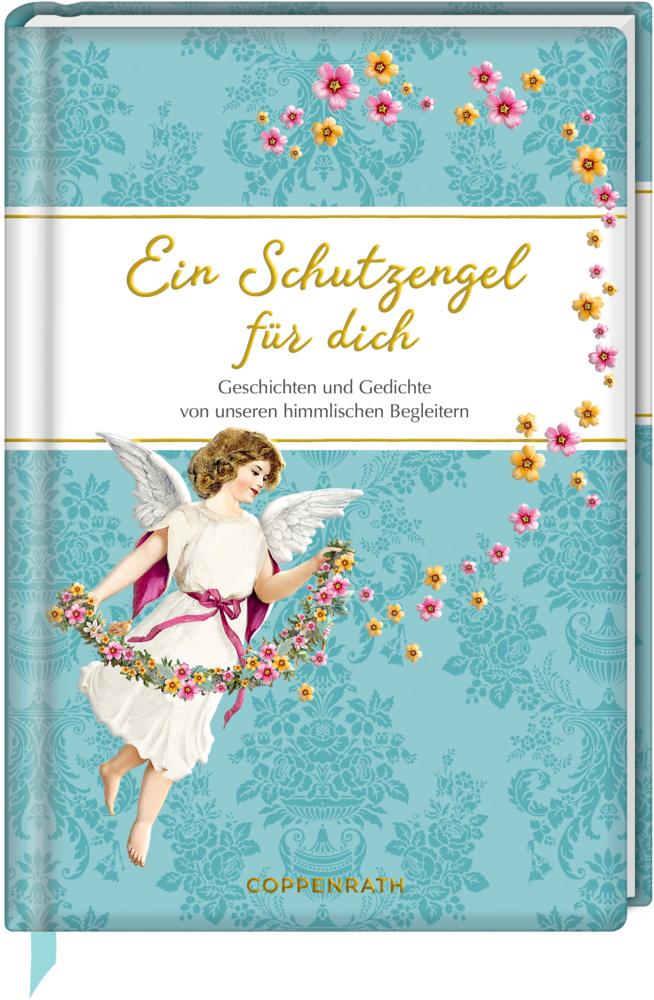 Ein Engel fliegt über Blumenmuster und blauen Hintergrund.