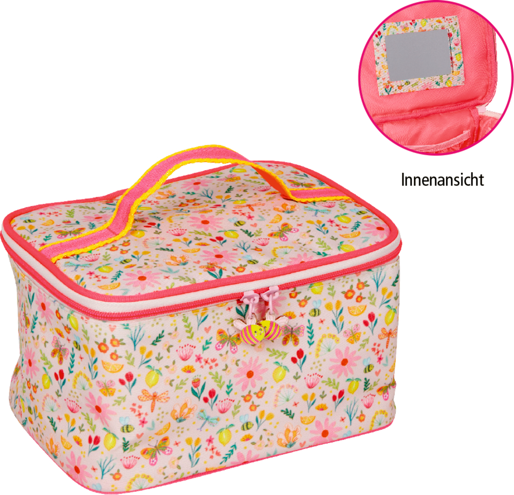 Rechteckige Blumen-Kosmetiktasche mit gelbem Griff und kleinem Spiegel im Deckel.