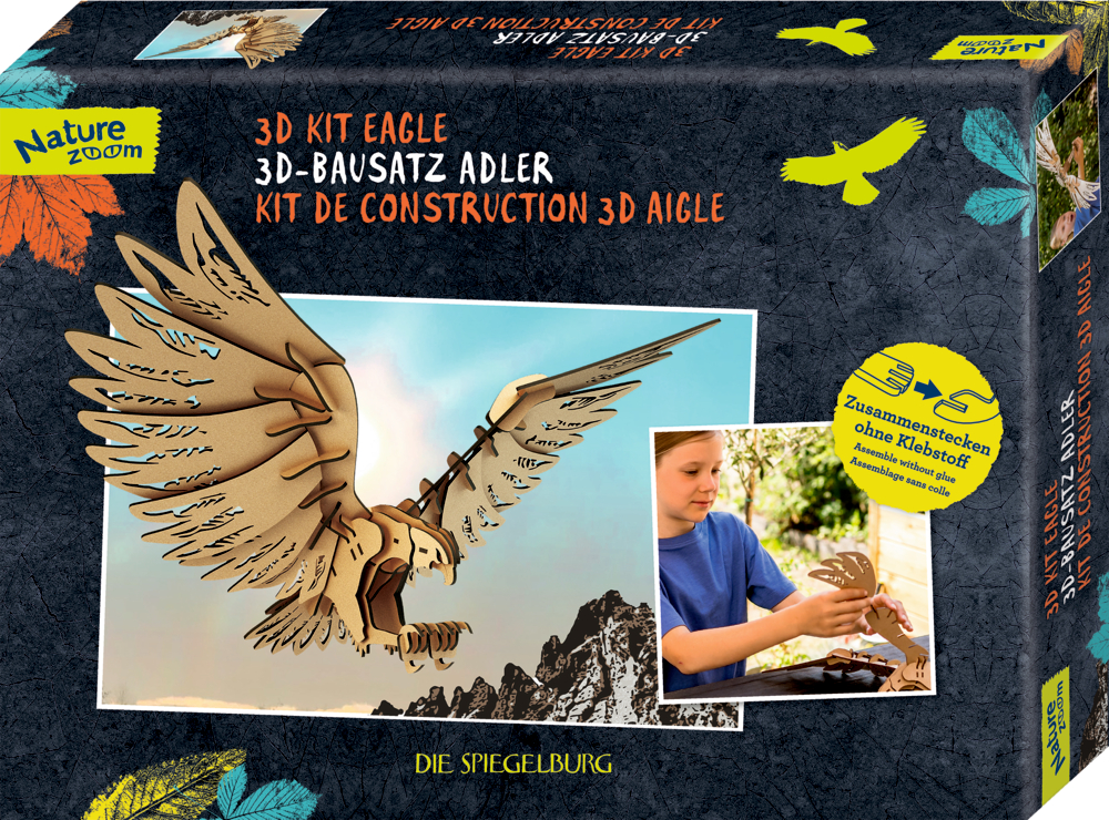 Pappschachtel für einen Holzadler-Bausatz mit Abbildung des zusammengebauten Ergebnisses und eines Kindes, mit dem Bausatz arbeitet.