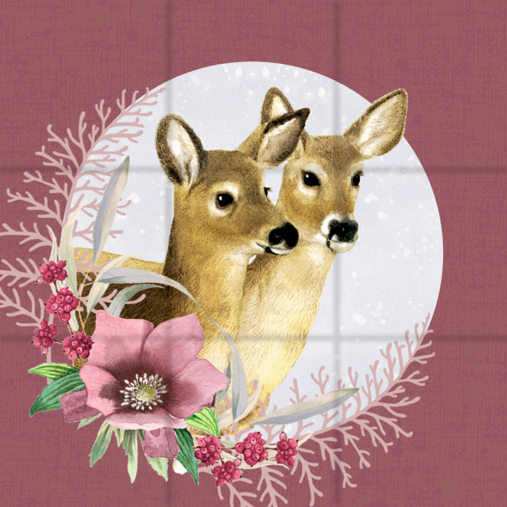 Illustration von zwei Rehen in einem Kreis, umgeben von rosa Blüten, roten Beeren und Blättern auf lilafarbenem Hintergrund.