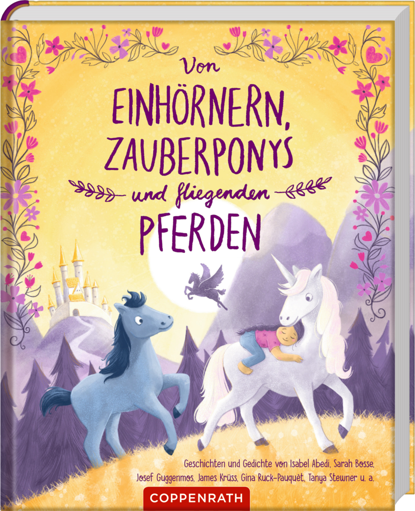Lila-gelbes Buchcover mit einem Pferd und einem Einhorn, auf dessen Rücken ein Mädchen liegt und sich anschmiegt.