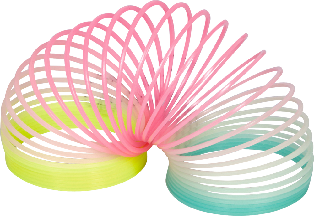 Bunte Kunststoffspirale in Pastellfarben von Gelb über Rosa bis Türkis, teilweise gedehnt dargestellt.
