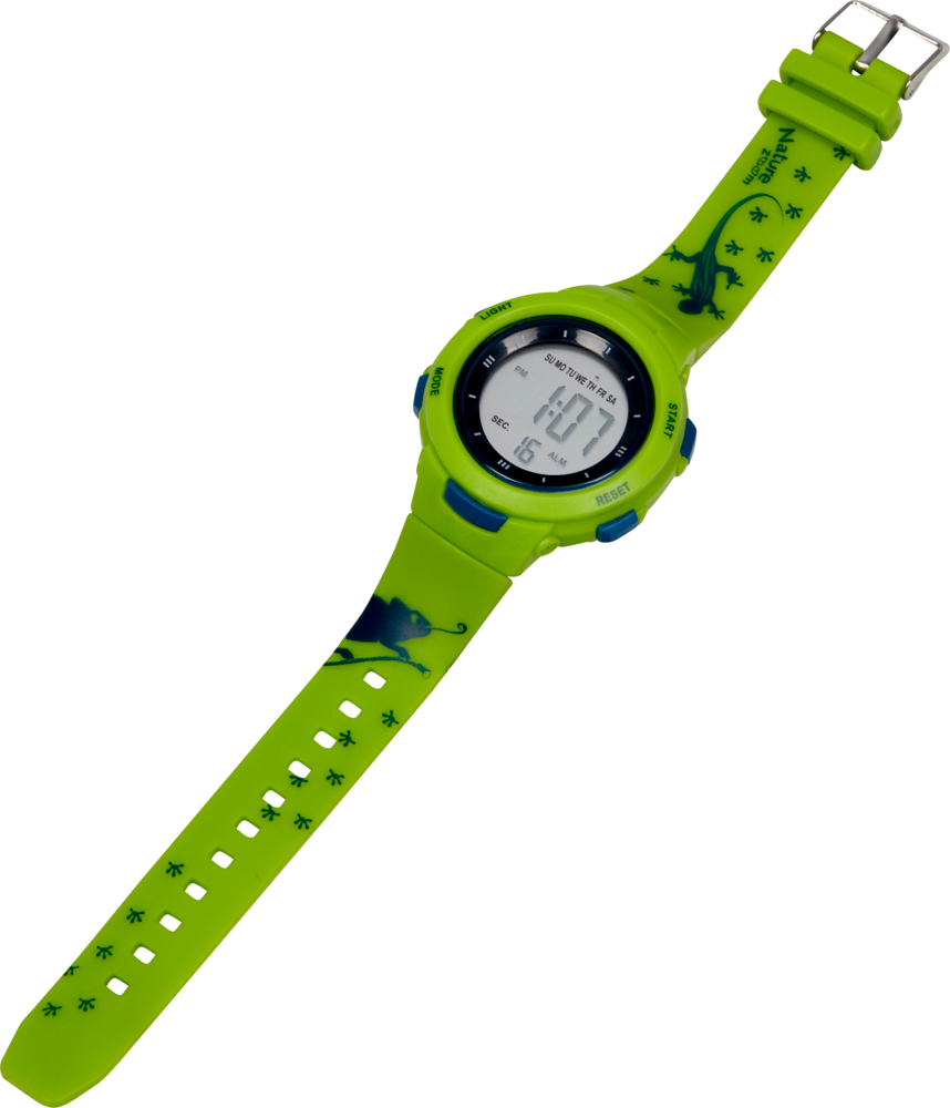 Grüne Digitaluhr im Eidechsendesign mit rundem Display zur Anzeige von Uhrzeit und Datum.