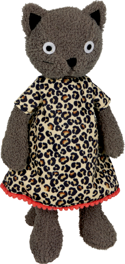 Graue Plüschkatze in einem Leopardenkleid mit rotem Besatz am Saum, aufrecht stehend.