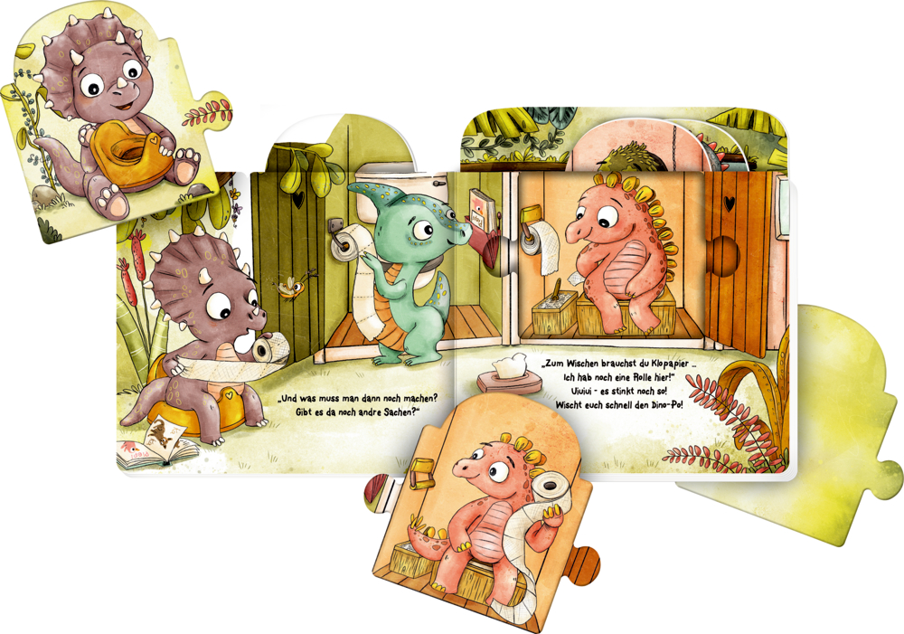 Illustration und große Puzzle-Teile mit drei kleinen Dinosauriern, die auf Töpfchen und Toilette sitzen und Toilettenpapier in der Hand halten.