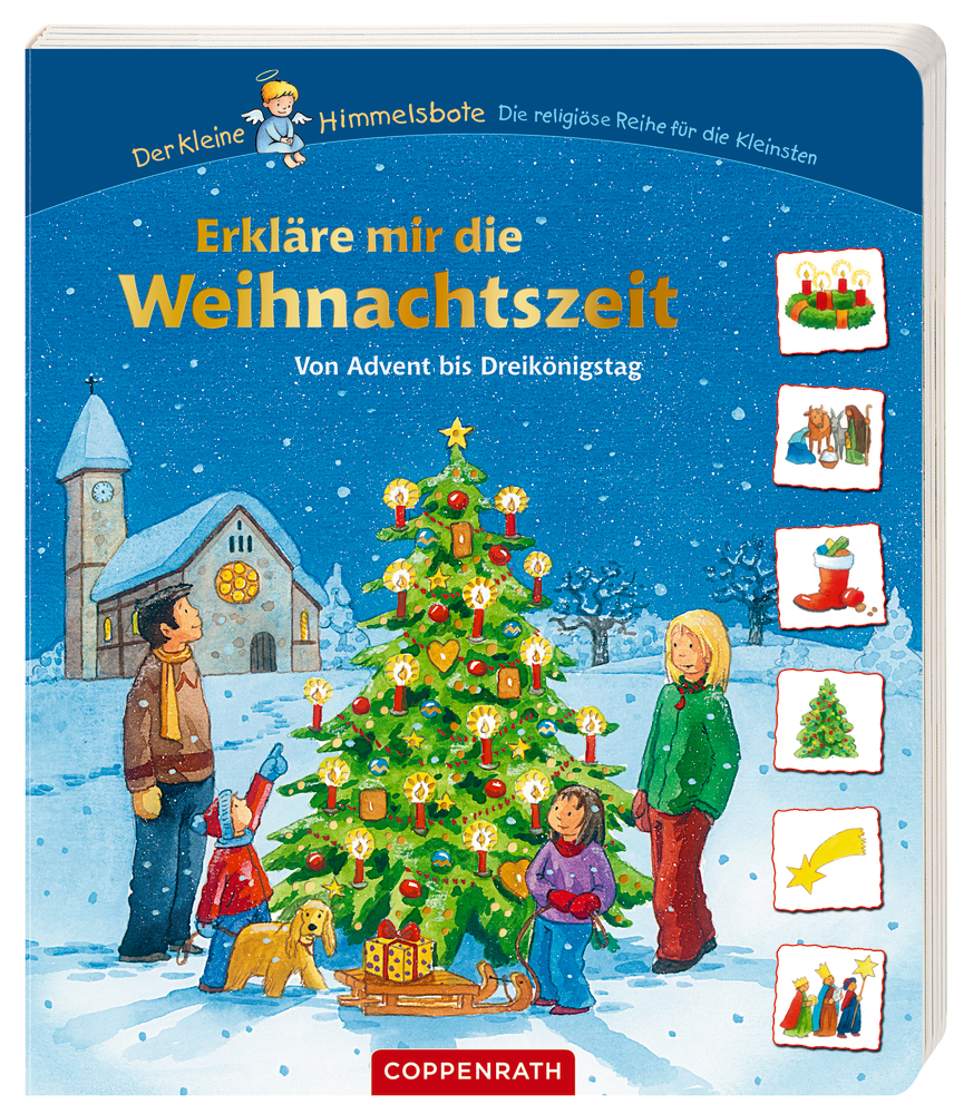 Familie schmückt im Winter draußen einen Weihnachtsbaum unter Sternenhimmel und Schnee.