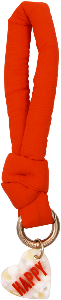 Orangefarbener Stoffschlüsselanhänger mit goldfarbenem Ring und herzförmigem Anhänger mit roter Aufschrift „HAPPY“.