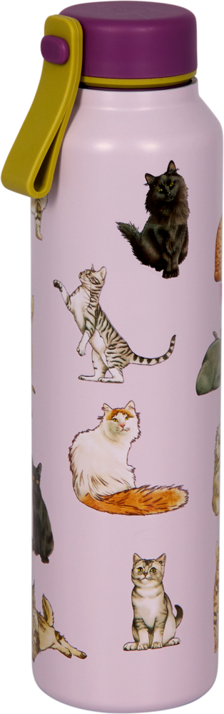 Fliederfarbene Isolierflasche mit lila Deckel, gelbem Henkel und abgebildeten Katzen in verschiedenen Posen auf der Oberfläche.