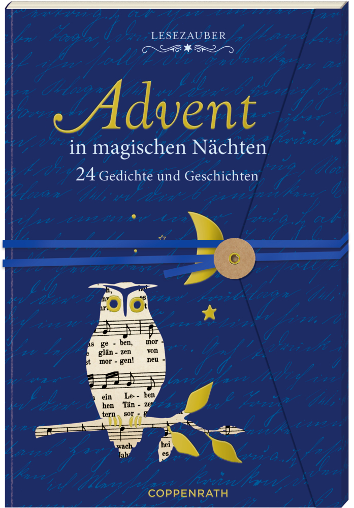 Das blaue Buchcover zeigt eine Eule, Musiknoten, einen Mond und Sterne, mit dem Titel: „Advent in magischen Nächten.