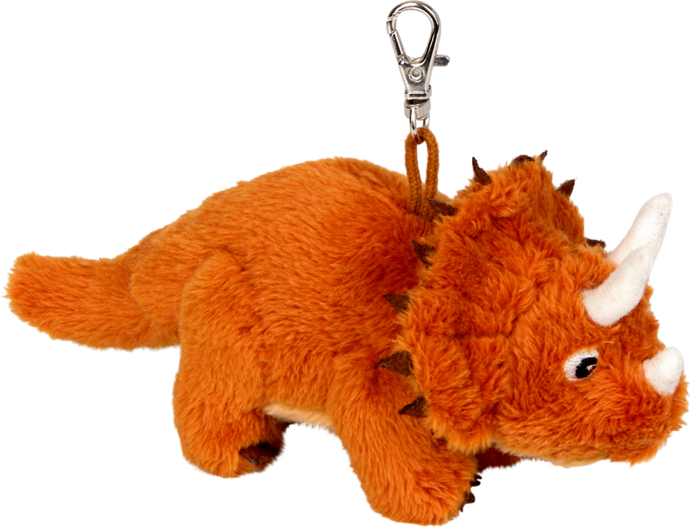 Orangefarbener Triceratops-Schlüsselanhänger aus Plüsch mit weißen Hörnern und einem silbernen Metallverschluss.