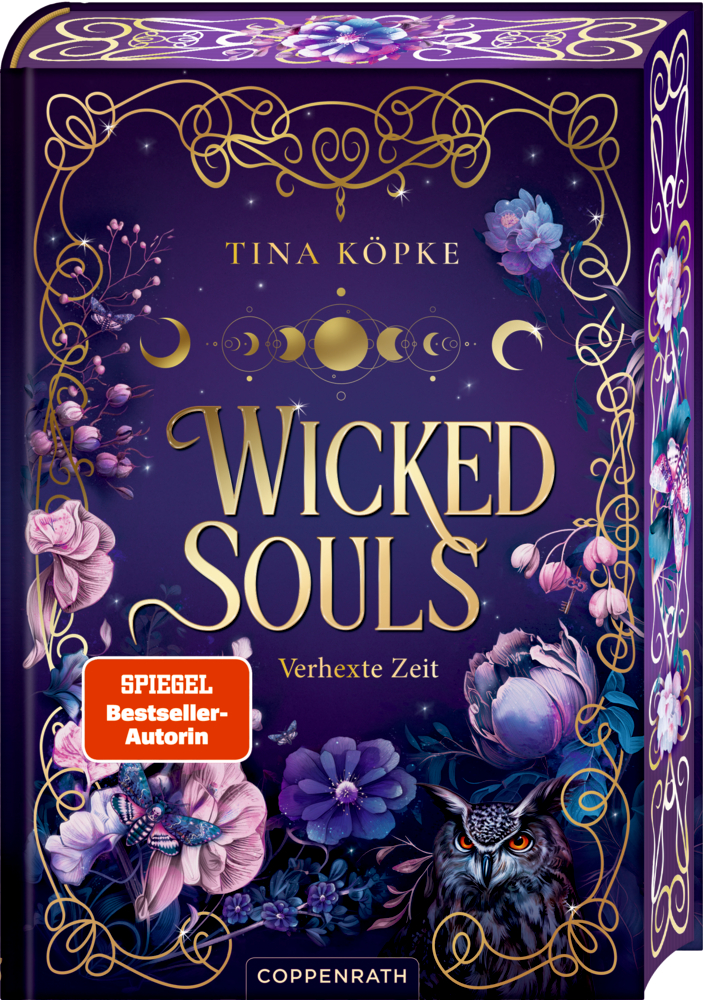 Buch mit violett-goldenem Cover, floralen Motiven, Eule, Mondsymbolen und goldener Schrift „Wicked Souls – Verhexte Zeit“.