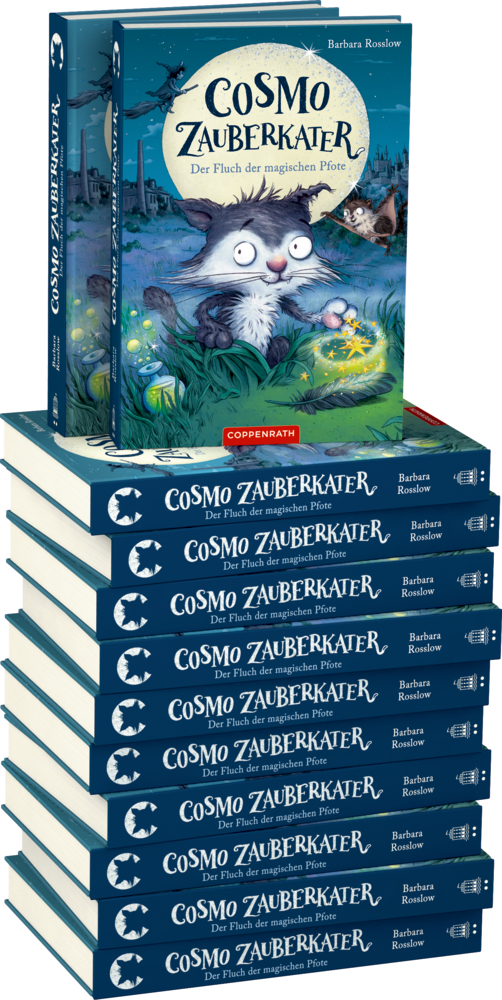 Stapel von Cosmo Zauberkater-Büchern mit einer Comic-Katze und einem Nachthimmel auf dem Cover.