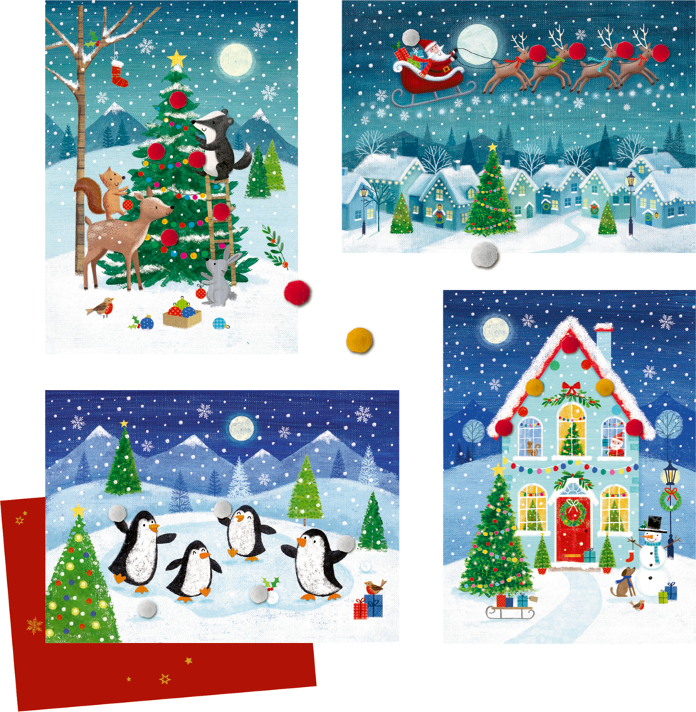 Vier weihnachtliche Motive mit Tieren, geschmückten Tannenbäumen, Schneelandschaften, einem Haus und dem Weihnachtsmann im Schlitten.
