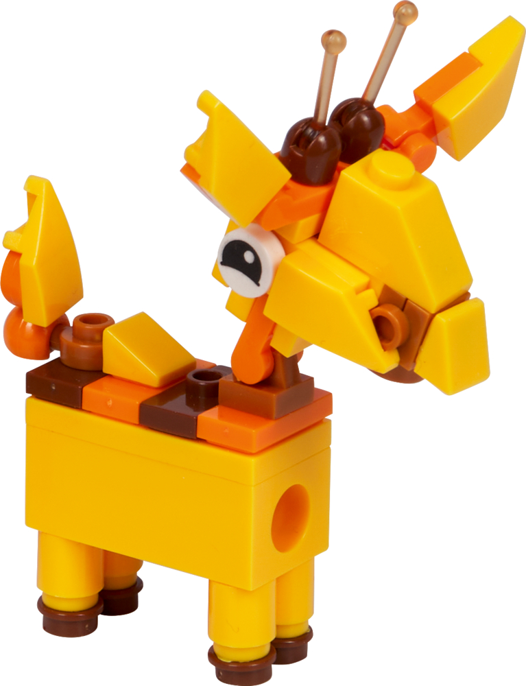 Kleine gelb-orange Figur in Giraffenform aus Bausteinen mit braunen Details und beweglichem Kopf.
