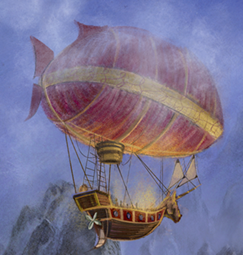 Ein Fantasie-Luftschiff mit einem rot-goldenen Ballon schwebt über nebligen Bergen unter einem bewölkten Himmel.