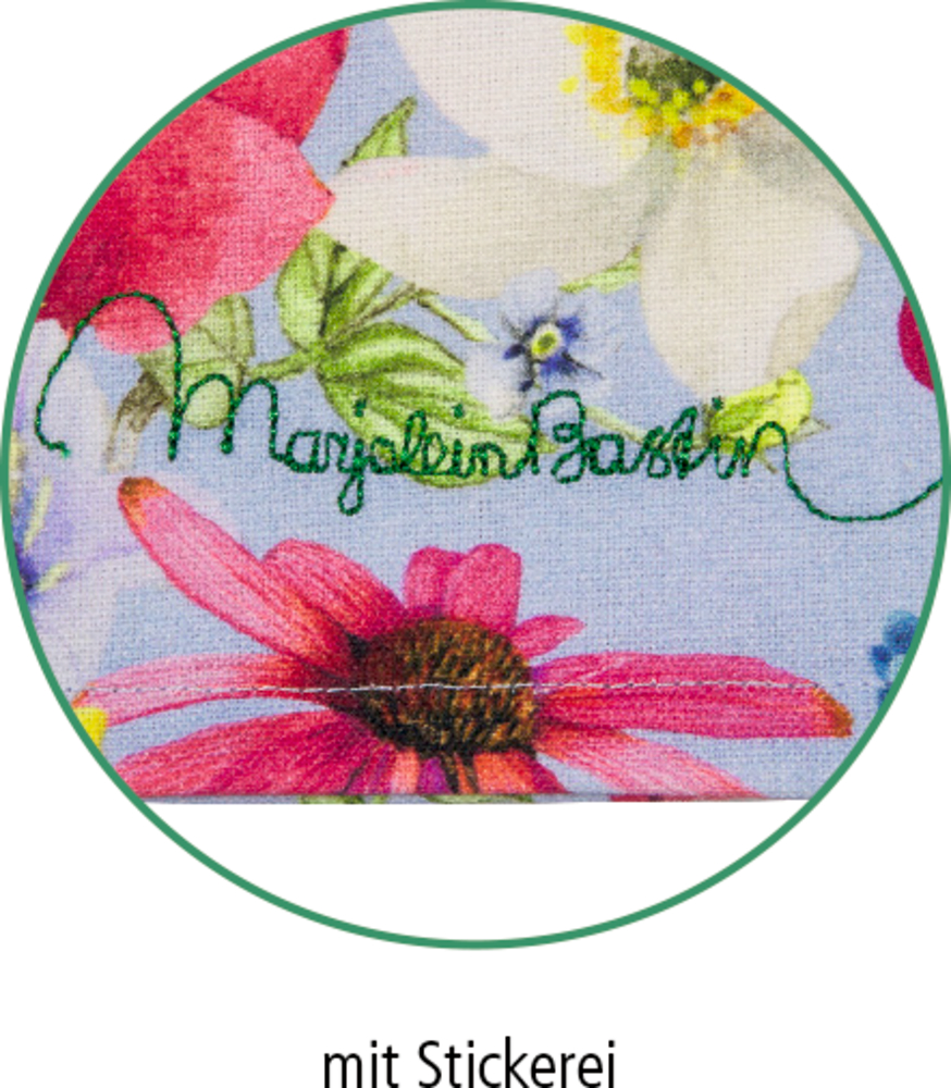 Runde Detail-Ansicht mit Blumenmuster, grün gestickte Schrift Marylein Bastin.