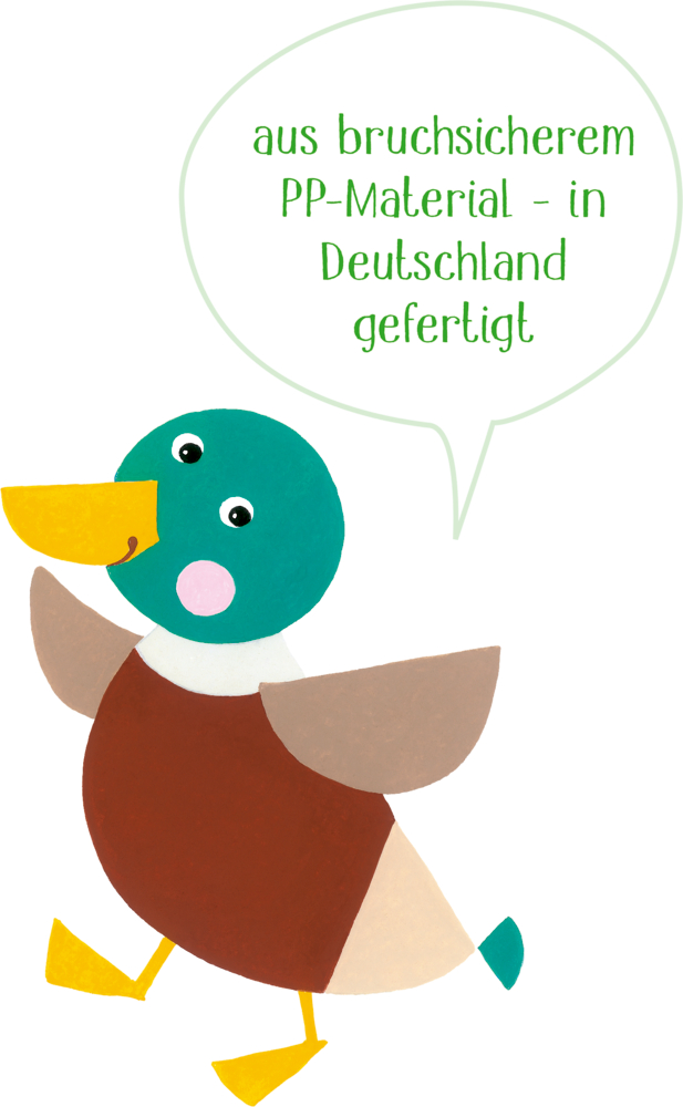 Cartoon-Ente mit Sprechblase: „Bruchsicheres PP-Material – gefertigt in Deutschland.“.