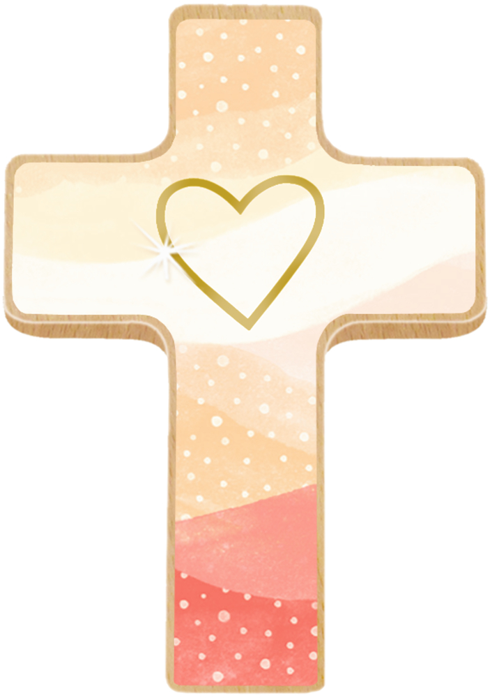 Pastellfarbenes rosa-rotes Holzkreuz mit einem goldenen Herz in der Mitte und kleinen weißen Punkten.