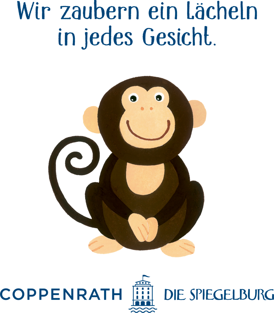 Lächelnder Cartoon-Affe, darüber deutscher Text, darunter Logos der Herausgeber.