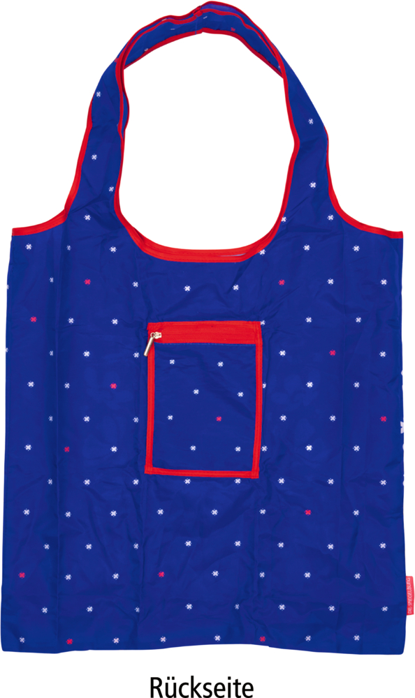 Blaue Tragetasche mit roten Rändern, kleinem weißen und roten Streumuster sowie roter Reißverschlusstasche auf der Rückseite.