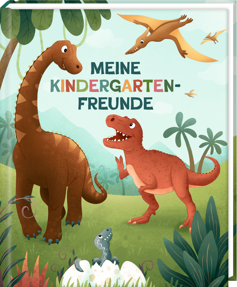 Cartoon-Dinosaurier, Bäume und Eier mit der Aufschrift „MEINE KINDERGARTENFREUNDE“ in bunten Buchstaben.