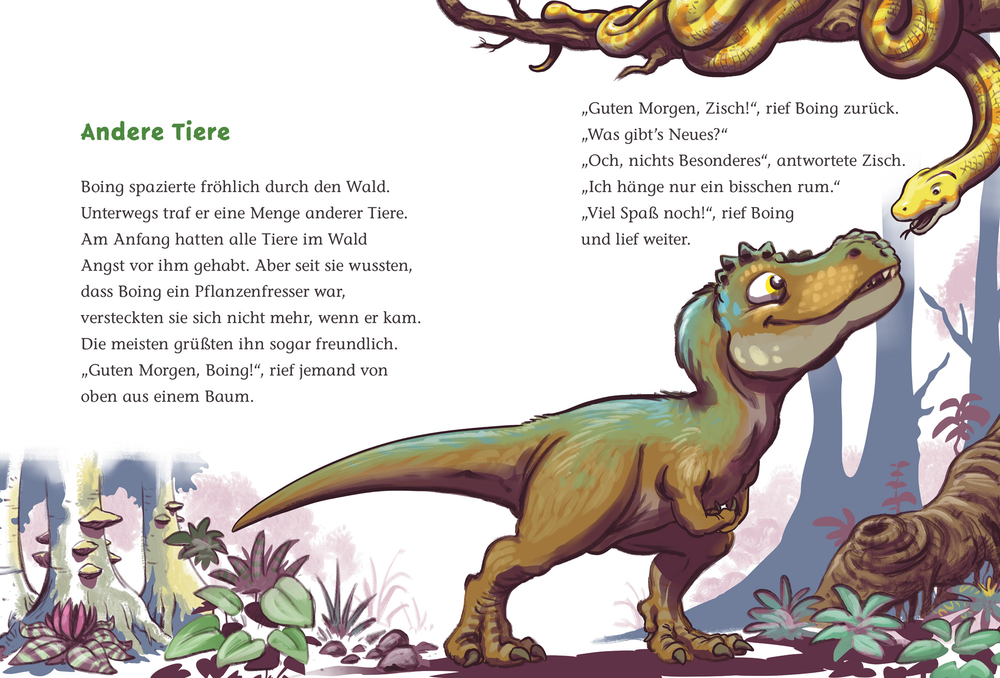 Ein fröhlicher Dinosaurier begrüßt eine gelbe Schlange, die in einem Baum in einer lebendigen, farbenfrohen Waldszene thront auf einer Innenansicht mit  Text.