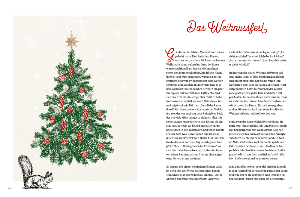 Weihnachtsbaum mit Stern und Eichhörnchen daneben, Text auf der rechten Seite.