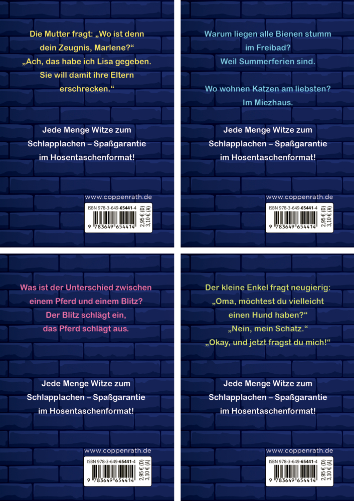 Vier Buchrückseiten mit Witzen in farbiger Schrift auf dunkelblauem Ziegelmuster und ISBN-Barcode unten.