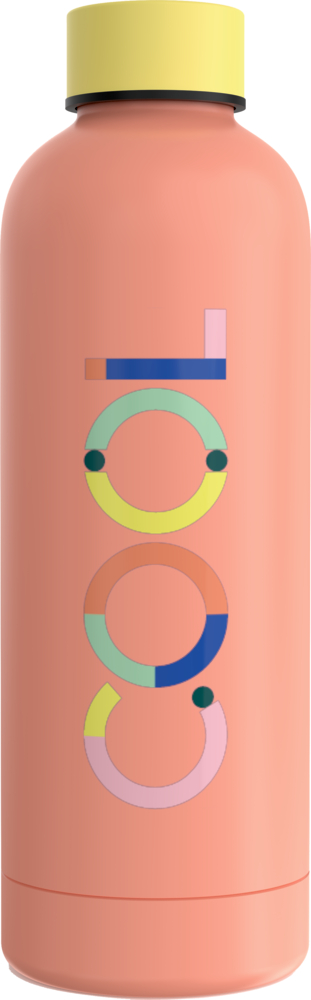 Rosa Isolierflasche mit gelbem Deckel; auf der Vorderseite verläuft vertikal ein farbenfroher geometrischer „Loop“-Text.