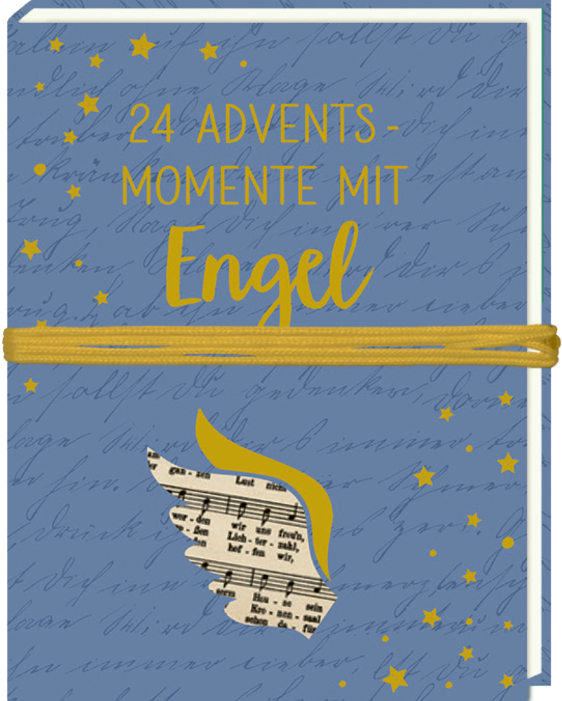 Blaues Buch mit gelbem Text „24 Adventsmomente mit Engel“, Notenflügel und gelber Kordel umwickelt.