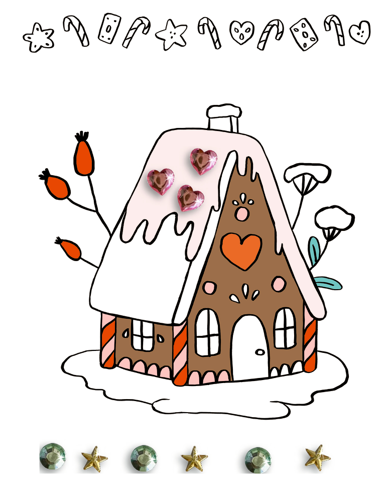 Malbuchinnensicht mit Illustration eines Lebkuchenhauses mit rosa Herzornamenten und winterlicher Dekoration.