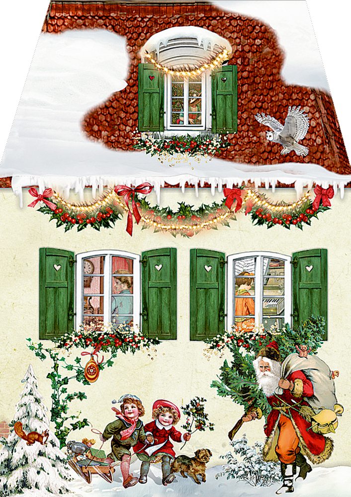 Weihnachtlich geschmücktes Haus mit grünen Fensterläden, Kindern im Schnee, Hund, Weihnachtsmann mit Sack und fliegender Eule.