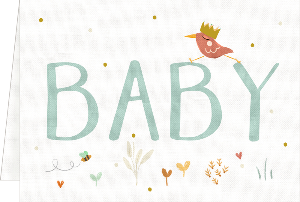 Aufrecht stehende Klappkarte: Hellblauer „BABY“-Schriftzug; Vogel mit Krone auf dem Y, umgeben von Herzen und Pflanzen.