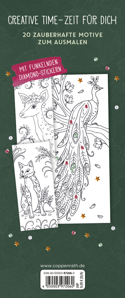 Rückseite des Malbuchs mit Beispielmotiven, darunter Pfau, Fuchs und Reh, mit glitzernden Stickern auf dunklem Hintergrund.