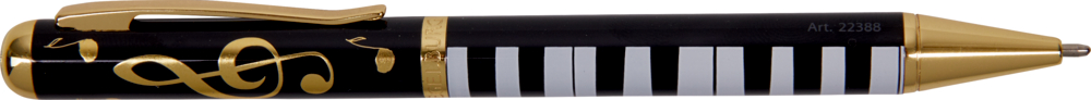 Schwarzer und goldener Stift mit Musiknoten und Klaviertastenmotiven entlang des Schafts.