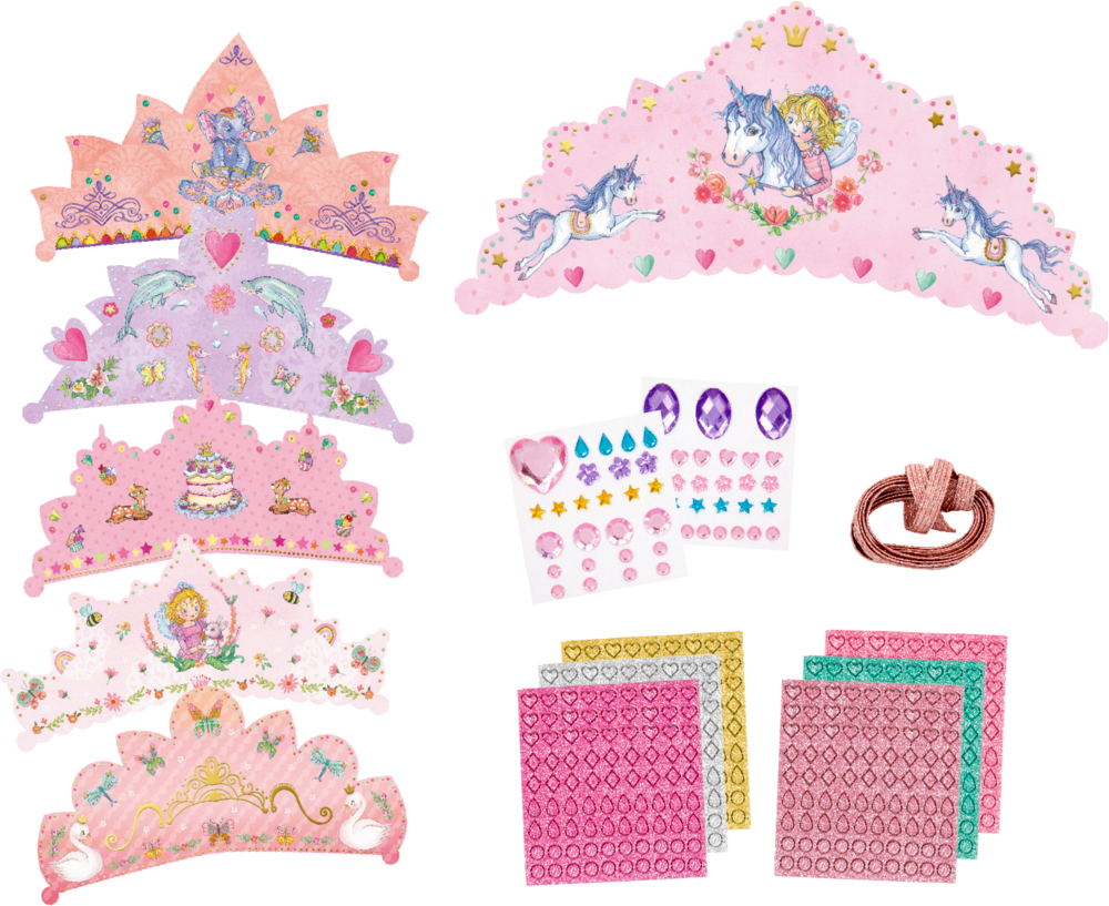 Bunte Prinzessinnen-Kronen, Aufkleber, Edelsteinblätter und glitzernde rosa Kordeln auf weißem Hintergrund.