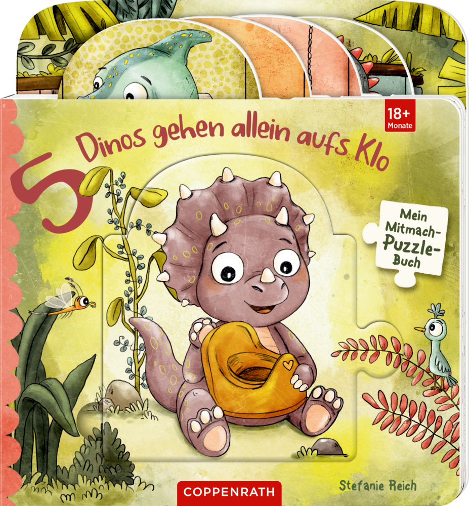 Buntes Kinderbuch mit Dino, der ein Töpfchen hält. Oben sind Pappkarten zum Herausziehen.