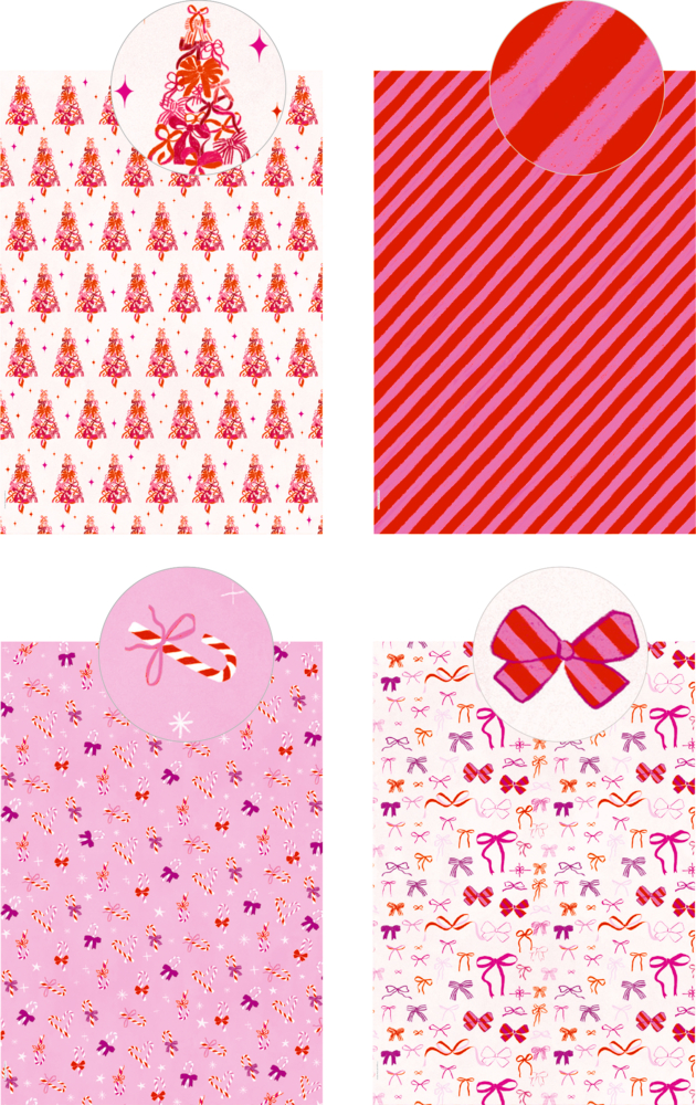 Vier Geschenkpapiermuster mit rosa und roten Motiven: Tannenbäume, diagonale Streifen, Zuckerstangen und Schleifen.