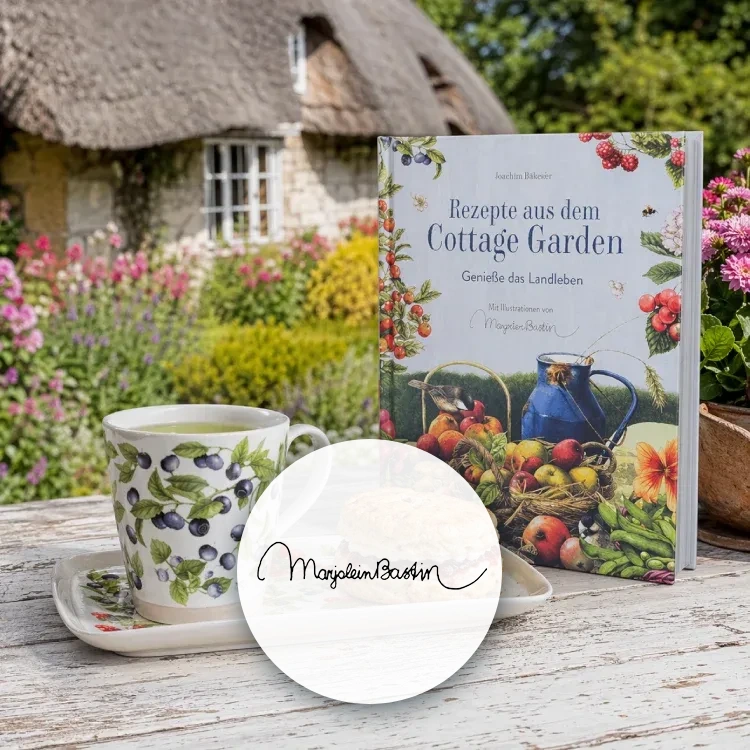 Markenbanner mit Logo von Bastin mit Tasse und Kochbuch in einem Cottage Garden