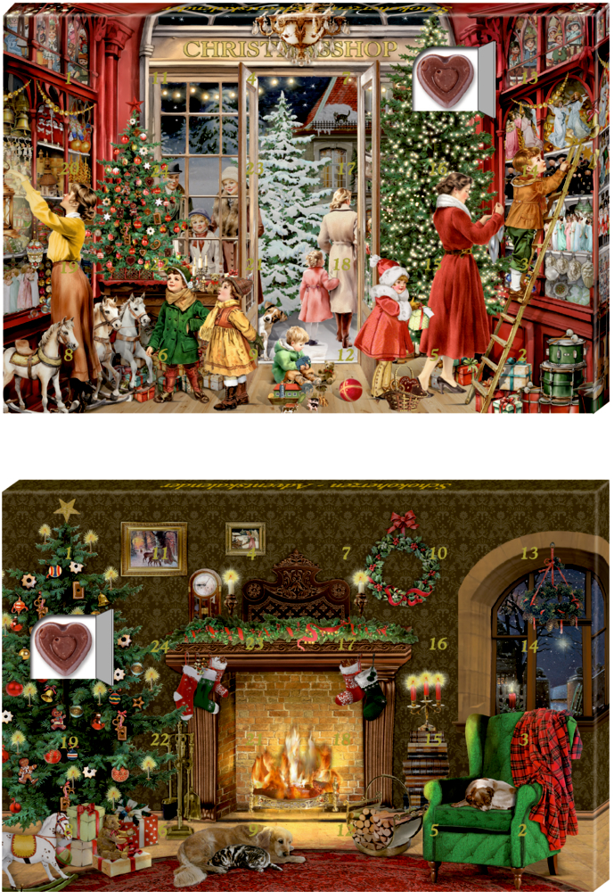 Schokoadventskalender mit weihnachtlicher Laden- und Wohnzimmerszene, geschmücktem Tannenbaum, Kamin und spielenden Kindern.