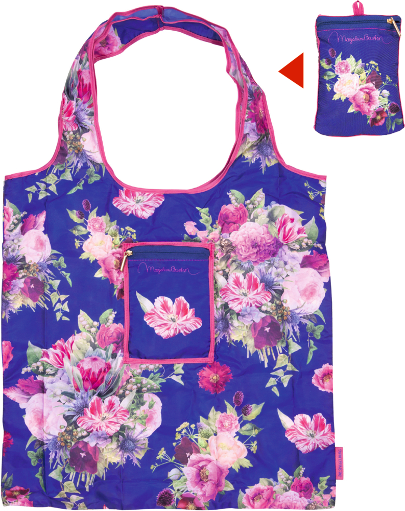 Faltbare Einkaufstasche mit pink-lila Blumenmuster auf blauem Grund und passender kleiner Aufbewahrungstasche.