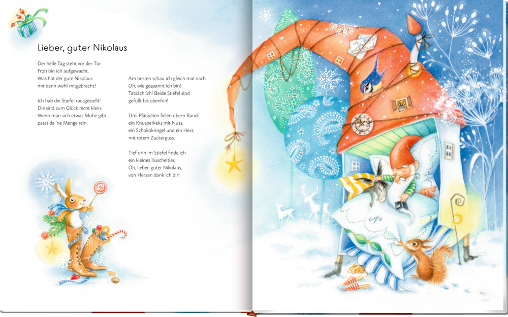 Illustration mit schlafendem Nikolaus in kleinem Haus mit rotem Dach, Schnee, Tieren und Geschenken im Winterwald.