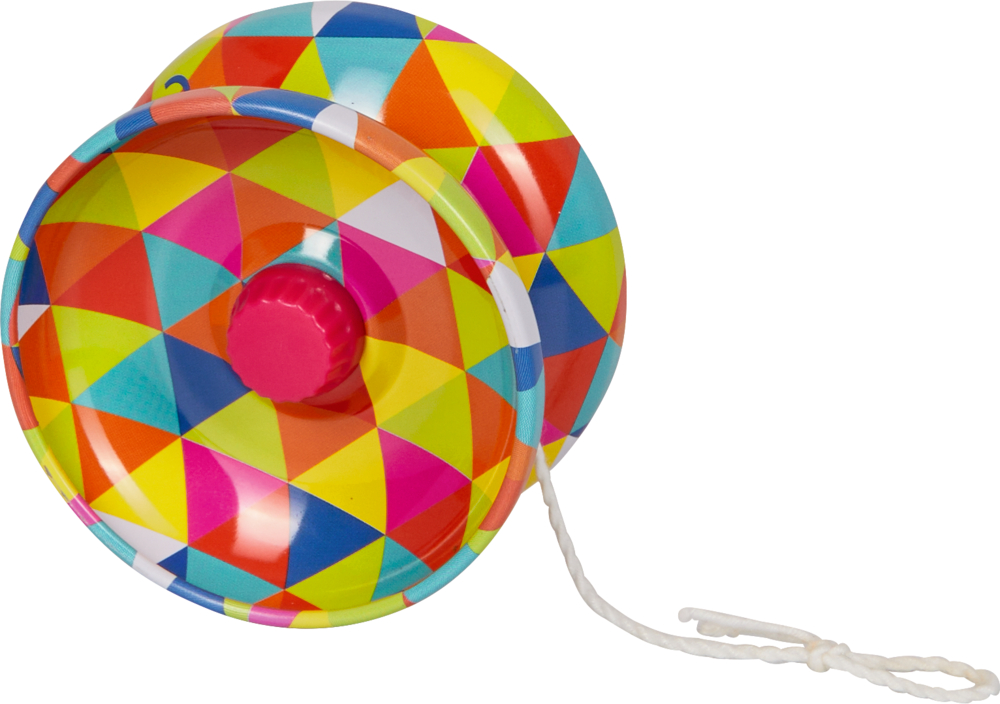 Ein farbenfrohes Jo-Jo mit geometrischem Design und weißer Schnur vor einem schlichten weißen Hintergrund.