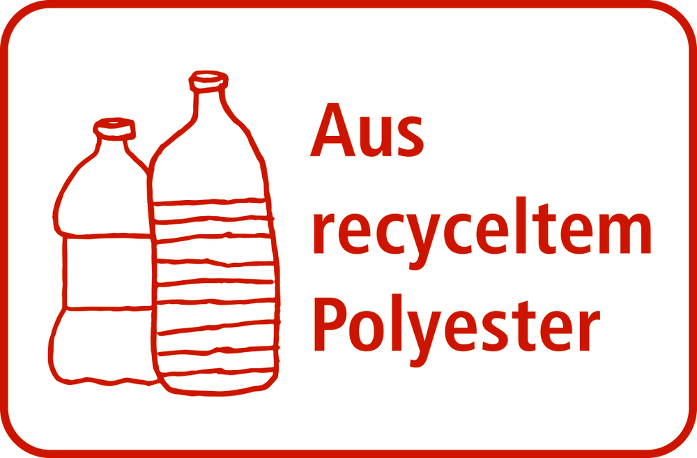 Zwei gezeichnete Flaschen mit rotem Text „Aus recyceltem Polyester“.