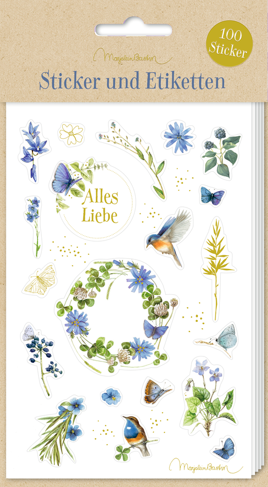 Stickerbogen: blaue Blumen, Schmetterlinge, Vögel und „Alles Liebe“ im Blumenkranz.