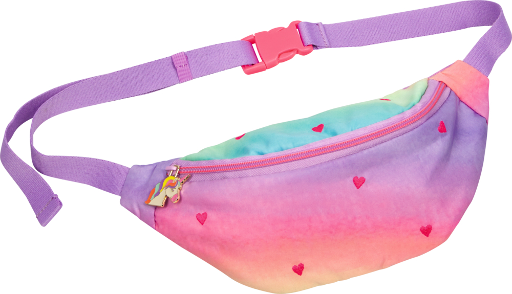 Regenbogen Bauchtasche mit kleinen roten Herzen, lila Gurt und pinker Schnalle.
