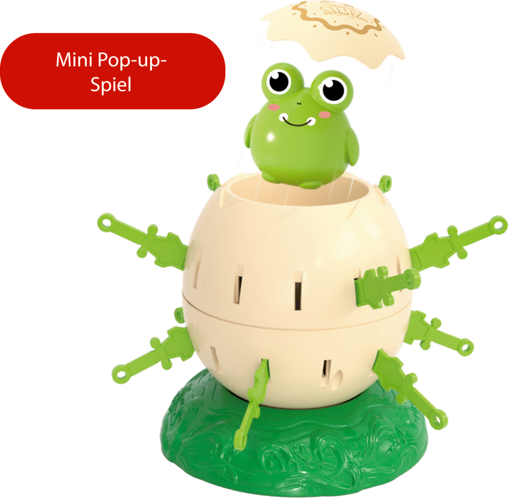 Cremefarbenes Ei-Spielzeug mit grünen Steckschwertern und grüner Basis, aus dem ein Froschkopf herausguckt.