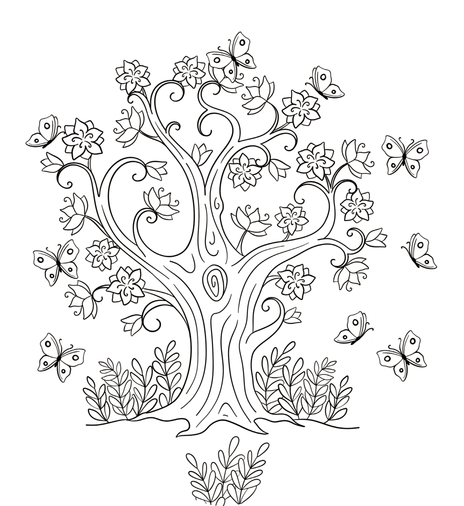 Blühender Baum mit geschwungenen Ästen, umgeben von Schmetterlingen.